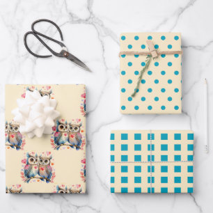 Valentine cute owls dots square pattern turquoise wrapping paper sheets