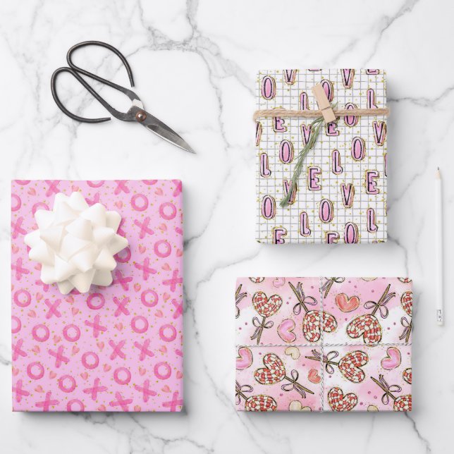 Valentine Cute Pink XOXO Hearts LOVE Wrapping Paper Sheets (Front)