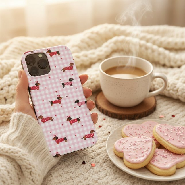 Valentine Dachshund Cute Pink Gingham Heart Dog Case-Mate iPhone Case (Creator Uploaded)