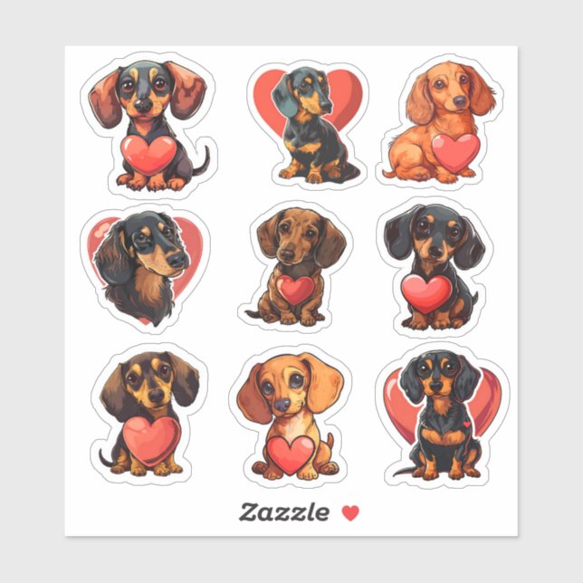 Valentine Dachshund dog set of 9 stickers (Sheet)
