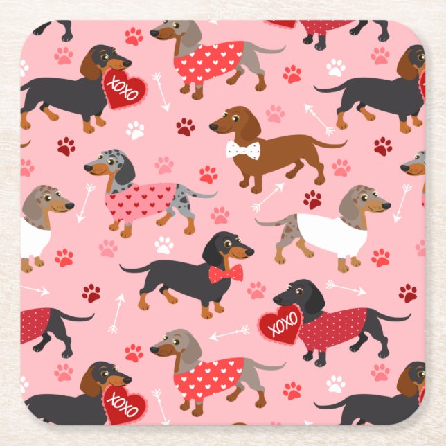 Valentine Dachshund Square Paper Coaster (Front)