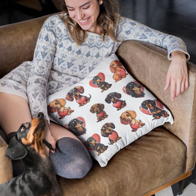 Valentine Dachshund Watercolor dog heart Throw Pillow (Valentine Dachshund Watercolor dog heart Throw Pillow)
