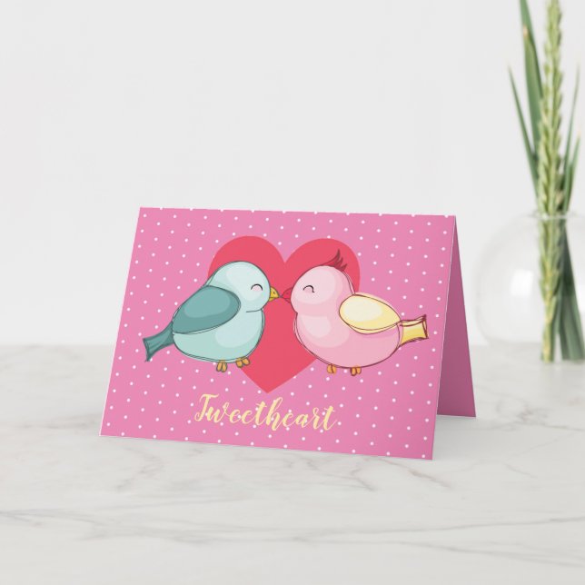 Valentine Day Cute Love Birds With Red Heart Holiday Card (Front)