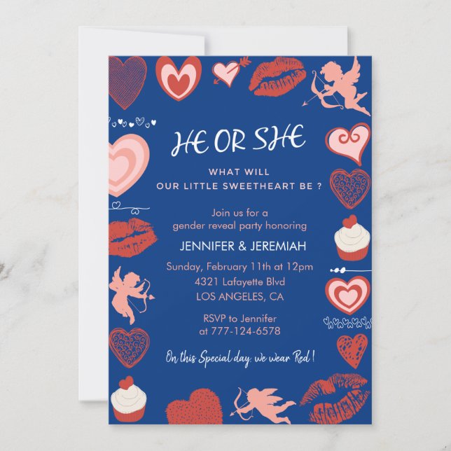 Valentine day gender reveal he or she blue invitation (Front)