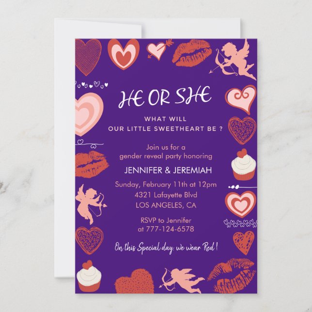 Valentine day gender reveal invitation he or she (Front)