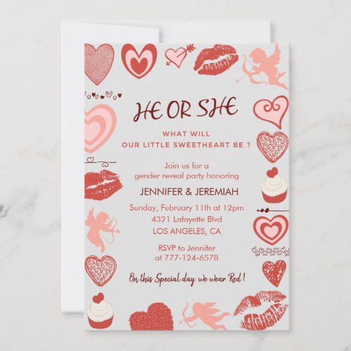Valentine day gender reveal invitation hearts grey