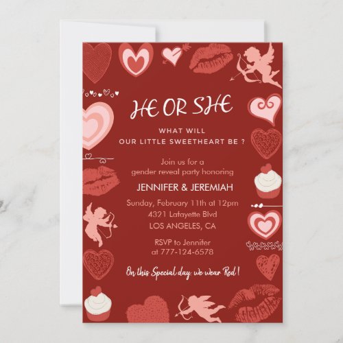 Valentine day gender reveal invitation hearts red