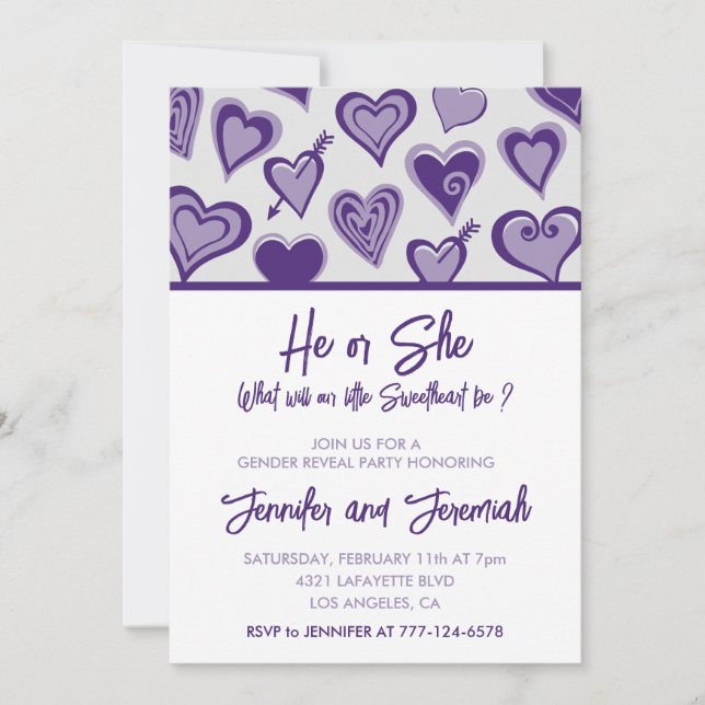 Valentine day gender reveal sweetheart cute hearts invitation (Front)