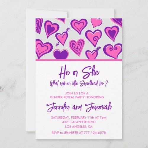 Valentine day gender reveal sweetheart purple pink invitation