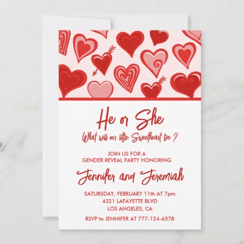 Valentine day gender reveal sweetheart red pink invitation