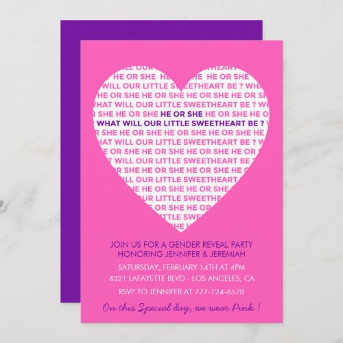 Valentine day gender reveal valentines pink purple invitation