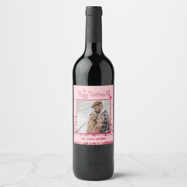 Valentine Day Personalized Photo Pink Hearts Wine Label (Front)