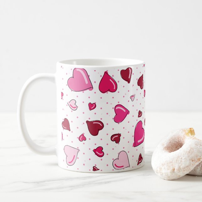 Valentine Day Sweetheart Red Pink Hearts Polka Dot Coffee Mug (With Donut)