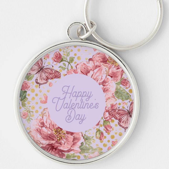 Valentine Days,Elegant,Purple Peach Flowers Patter Keychain (Front)