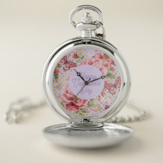 Valentine Days,Elegant,Purple Peach Flowers Patter Pocket Watch