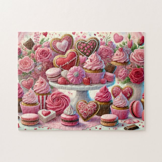 Valentine Dessert Heart Cookies & Cupcakes Table Jigsaw Puzzle (Horizontal)