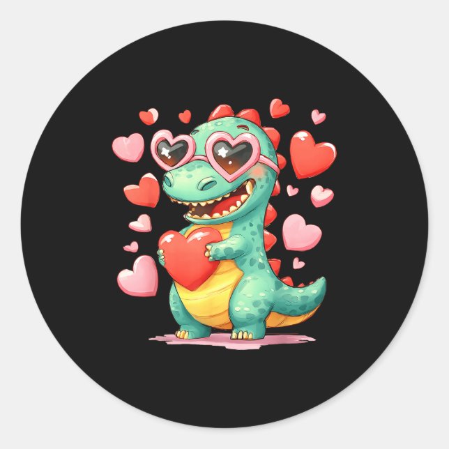 Valentine Dinosaur Trex Holding Heart Girl Sunl Bo Classic Round Sticker (Front)