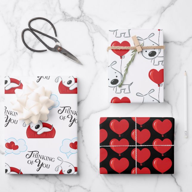 Valentine dog and Hearts Wrapping Paper Sheet Set (Front)