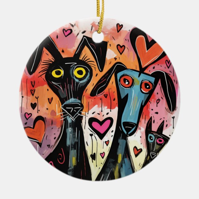 Valentine Dogs And Hearts Ceramic Ornament (Front)
