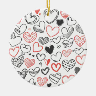 Valentine doodle hearts red and black hipster ceramic ornament