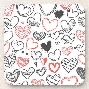 Valentine doodle hearts red and black hipster coaster
