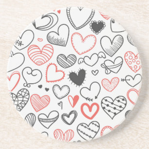 Valentine doodle hearts red and black hipster drink coaster