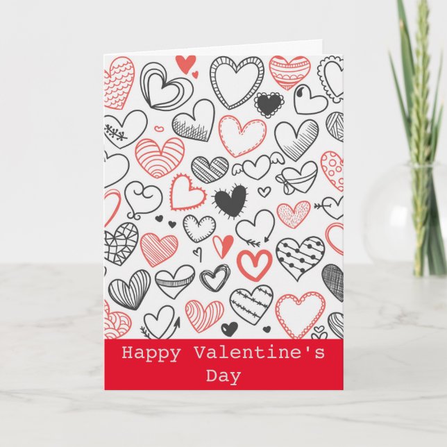 Valentine doodle hearts red and black hipster holiday card (Front)