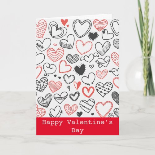 Valentine doodle hearts red and black hipster holiday card