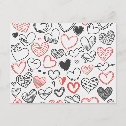 Valentine doodle hearts red and black hipster holiday postcard