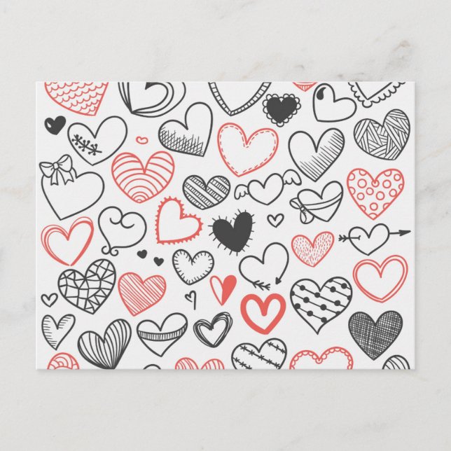 Valentine doodle hearts red and black hipster holiday postcard (Front)