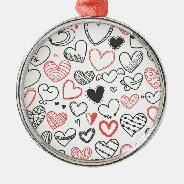 Valentine doodle hearts red and black hipster metal ornament (Front)