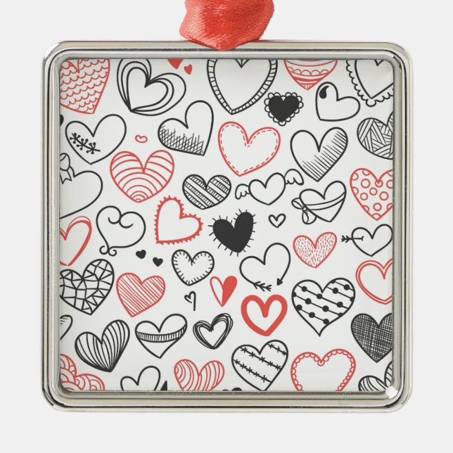 Valentine doodle hearts red and black hipster metal ornament (Front)