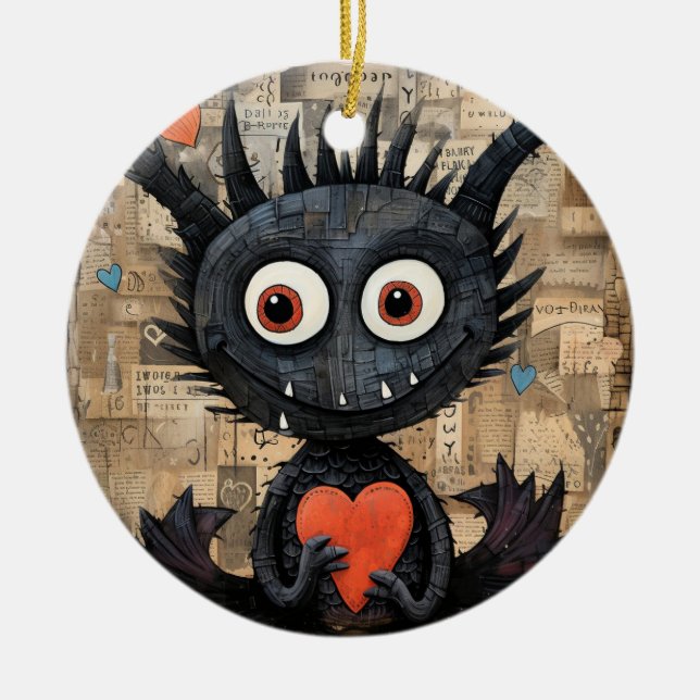 Valentine Dragon Cat Holding A Heart Ceramic Ornament (Front)