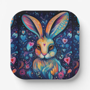 Valentine Dream Hearts: Rainbow Doodle Bunny Paper Plates