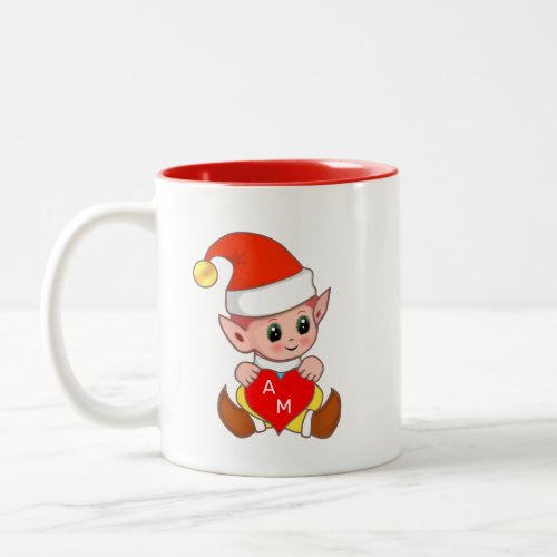 Valentine Elf with Heart  Monogram Two_Tone Coffee Mug