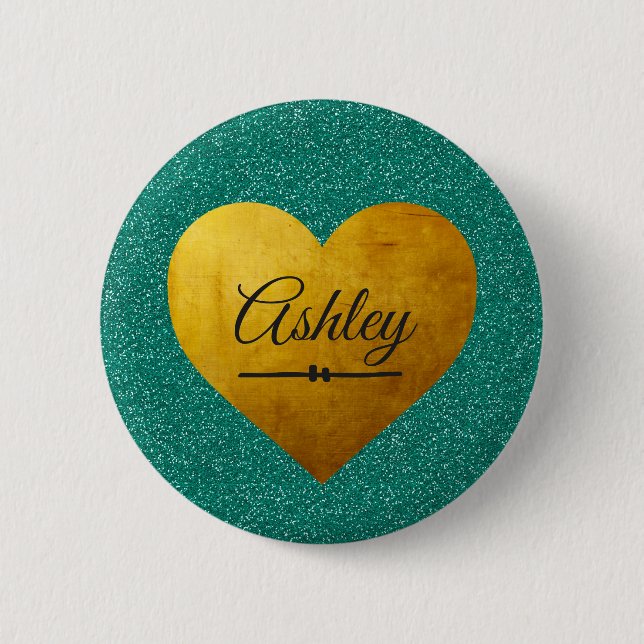Valentine Emerald Glitter Gold Heart Custom Name Button (Front)