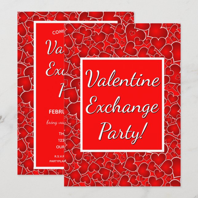 Valentine Exchange Party Celebration Red Hearts Invitation (Front/Back)