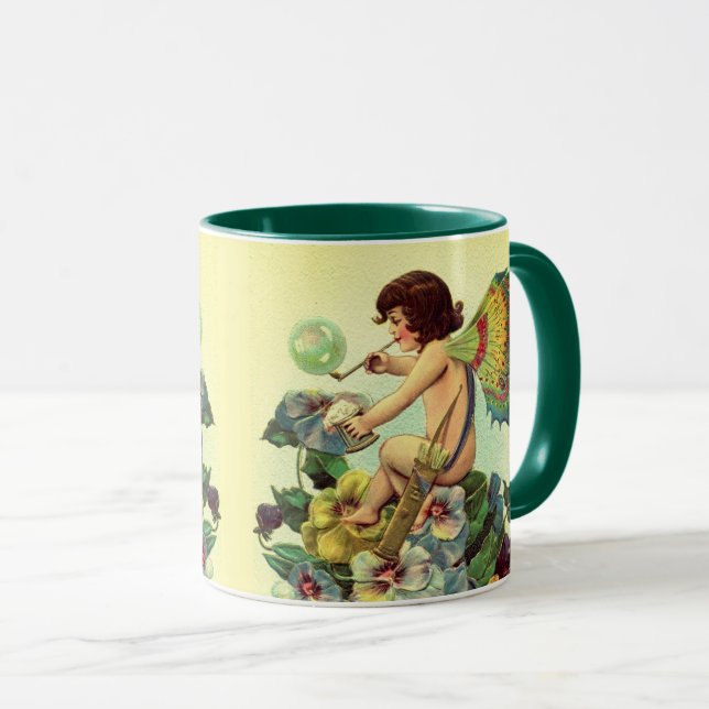 VALENTINE FAIRY BLOWING BUBBLES,PANSIES MUG (Front Right)