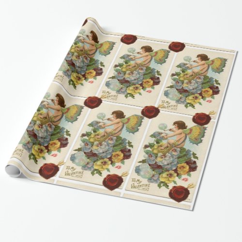 VALENTINE FAIRY BLOWING BUBBLESPANSIESWAX SEAL WRAPPING PAPER