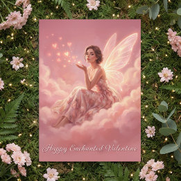 Valentine Fairy on Pink Clouds Fantasy Art Holiday Card