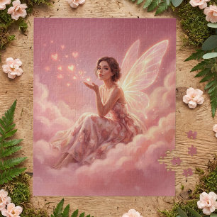 Valentine Fairy on Pink Clouds Fantasy Art Jigsaw Puzzle
