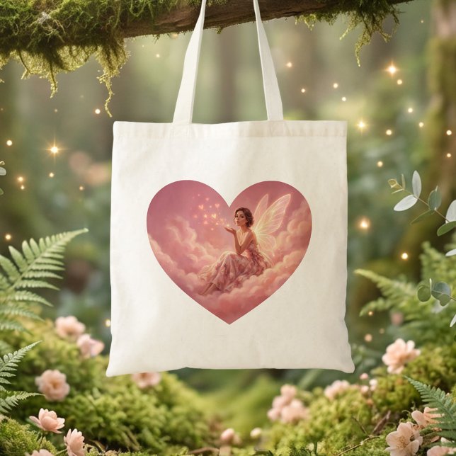 Valentine Fairy on Pink Clouds Fantasy Art Tote Bag (Creator Uploaded)