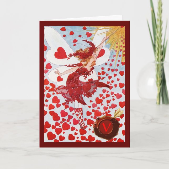 VALENTINE FAIRY WITH WAND,RED WAX SEAL MONOGRAM HOLIDAY CARD (Front)