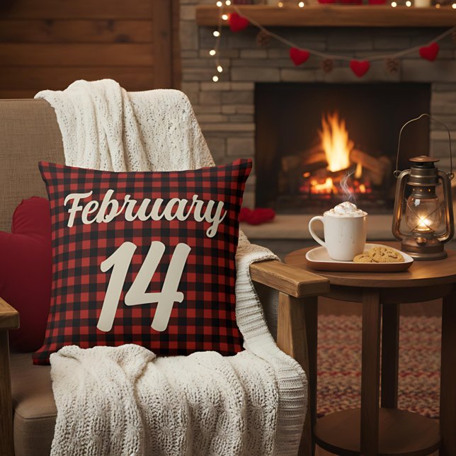 Valentine February 14 Red and Black Plaid Gingham Throw Pillow (Creator Uploaded)