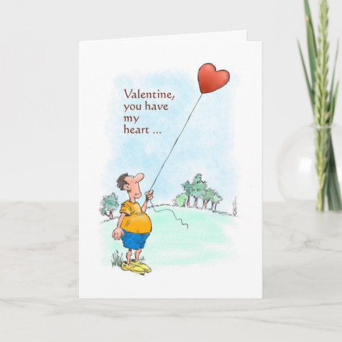 Valentine fellow sailing a helium heart cartoon holiday card