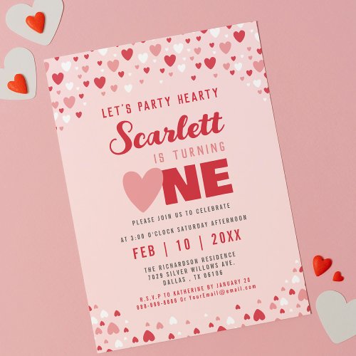 Valentine First Birthday Party Cute Pink Red Heart Invitation