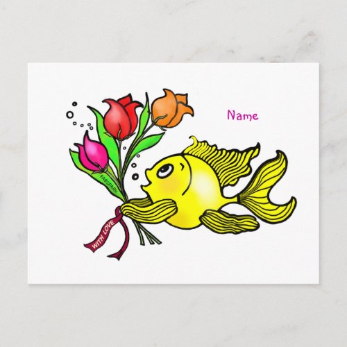 Valentine Fish with love flowers cute fun cartoon Holiday Postcard