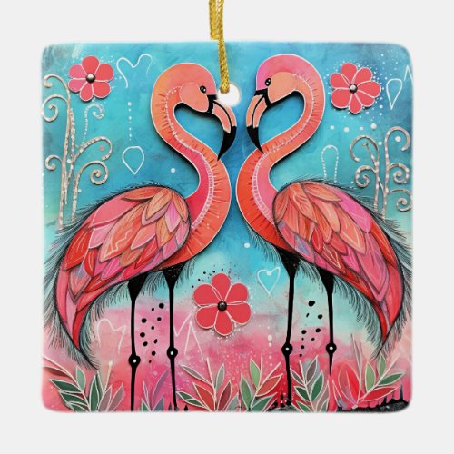 Valentine Flamingo Art Ceramic Ornament