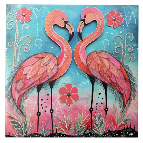 Valentine Flamingo Art Ceramic Tile