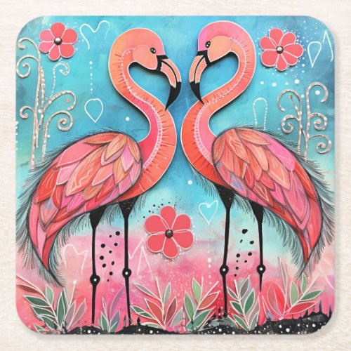 Valentine Flamingo Art Square Paper Coaster